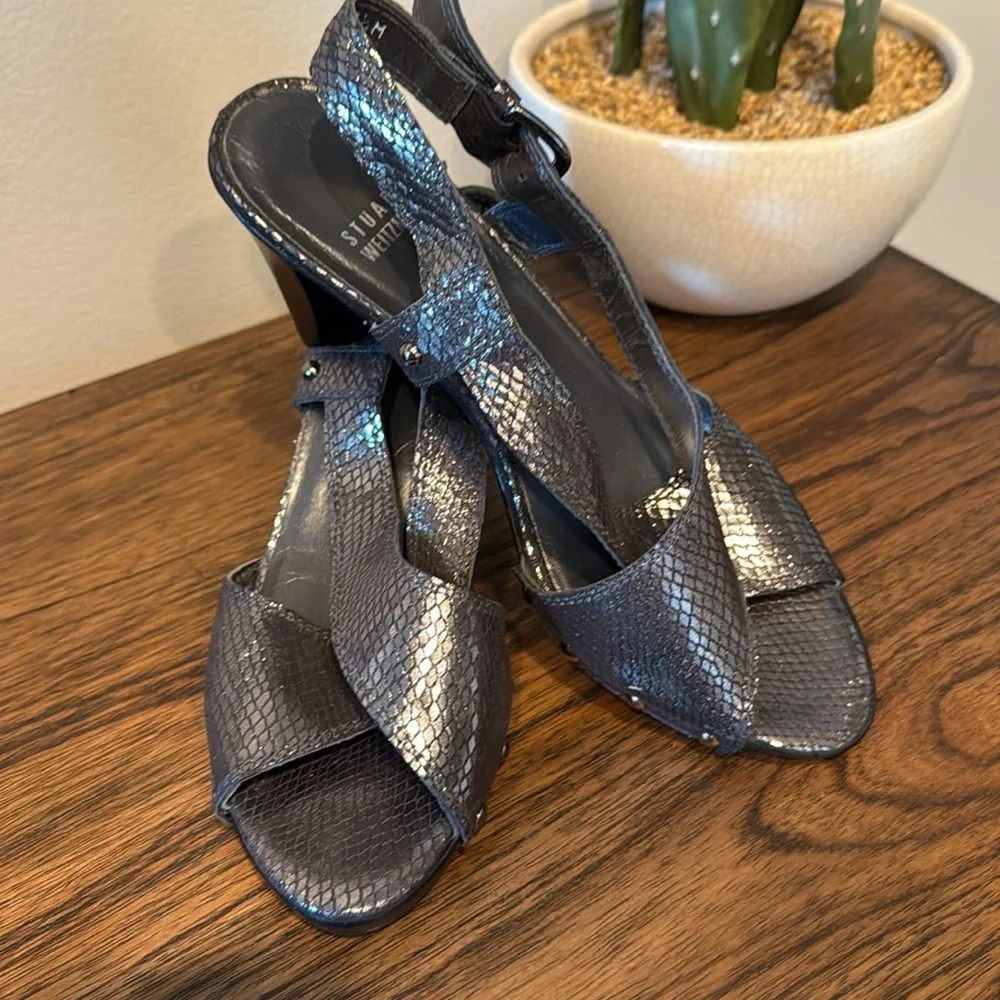 Stuart Weitzman‎ Metallic Pewter Strappy Studded Party Statement Heels Size  7.5